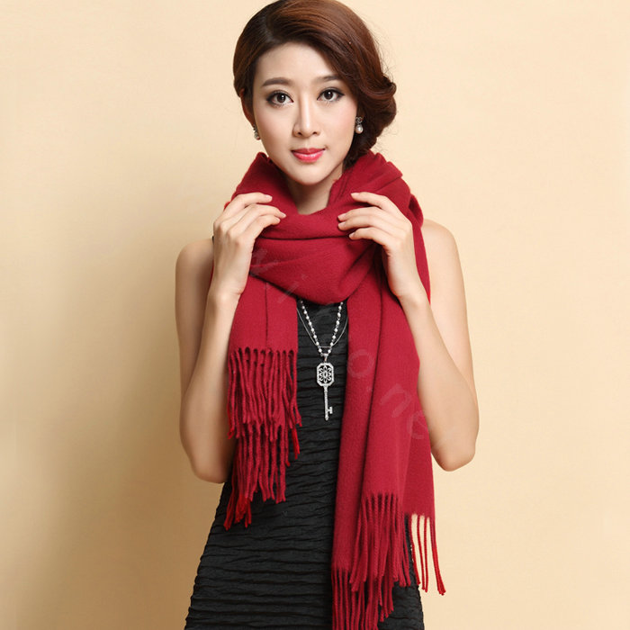 Classic Solid Color Long Wool Shawls Berber Fleece Scarf Women Winter Thicken Tassels Cape - Dark Red