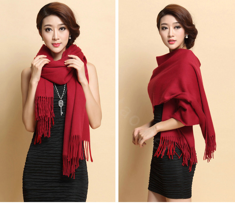 Classic Solid Color Long Wool Shawls Berber Fleece Scarf Women Winter Thicken Tassels Cape - Dark Red
