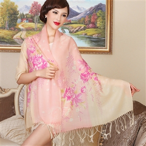 Economic Flower Printing Tassels Wool Scarf Shawls Women Winter Long Warm Pashmina Cape - Pink