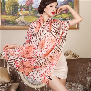 Economic Zebra Flower Printing Tassels Wool Scarf Shawls Women Long Warm Pashmina Cape - Orange