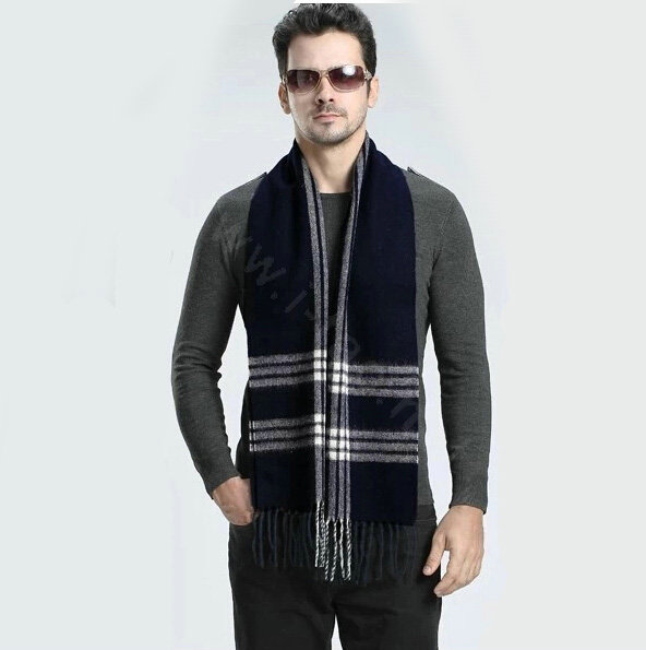 Fashion England Lattice Long Wool Scarf Man Winter Thicken Cashmere Tassels Muffler - Navy Blue