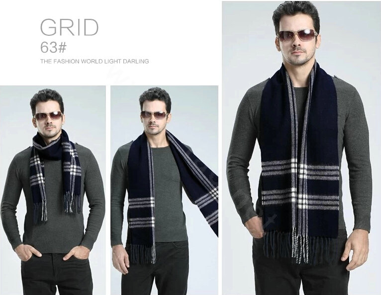 Fashion England Lattice Long Wool Scarf Man Winter Thicken Cashmere Tassels Muffler - Navy Blue