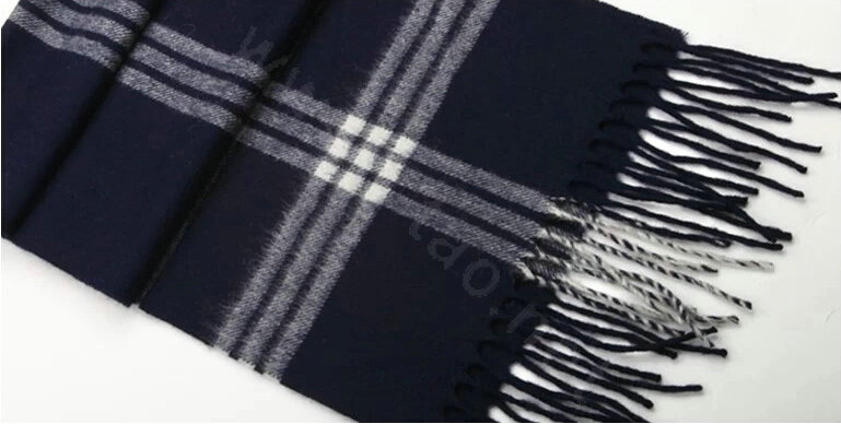 Fashion England Lattice Long Wool Scarf Man Winter Thicken Cashmere Tassels Muffler - Navy Blue