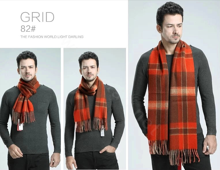 Fashion England Lattice Long Wool Scarf Man Winter Thicken Cashmere Tassels Muffler - Orange