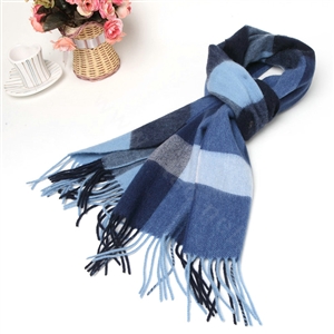 Fashion Plaid Long Wool Scarf Man Winter Thicken Business Casual Cashmere Tassels Muffler - Blue