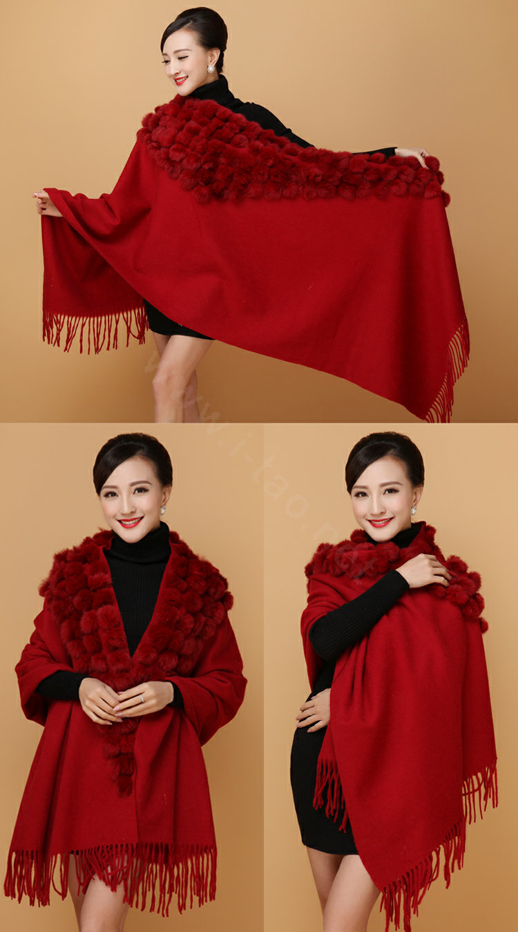 Genuine Wool Shawls Rabbit Fur Ball Scarf Women Thicken Warm Solid Color Bride wedding Cape - Claret red