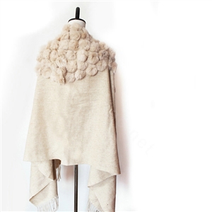 Genuine Wool Shawls Rabbit Fur Ball Thicken Scarf Women Winter Warm Solid Color Pashmina Cape - Camel