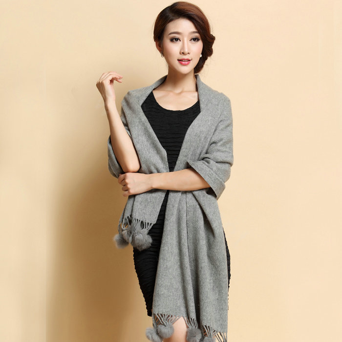 Hot selling Long Wool Shawls Rabbit Fur Ball Scarf Women Winter Thicken Bride Wedding Cape - Gray