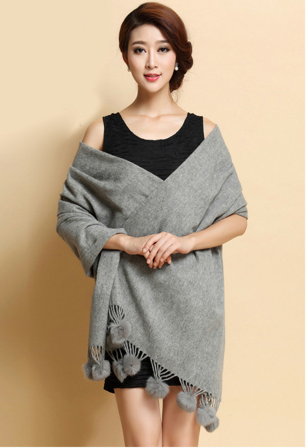 Hot selling Long Wool Shawls Rabbit Fur Ball Scarf Women Winter Thicken Bride Wedding Cape - Gray