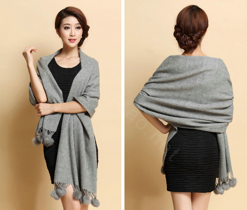 Hot selling Long Wool Shawls Rabbit Fur Ball Scarf Women Winter Thicken Bride Wedding Cape - Gray