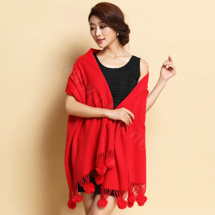 Hot selling Long Wool Shawls Rabbit Fur Ball Scarf Women Winter Thicken Bride Wedding Cape - Red