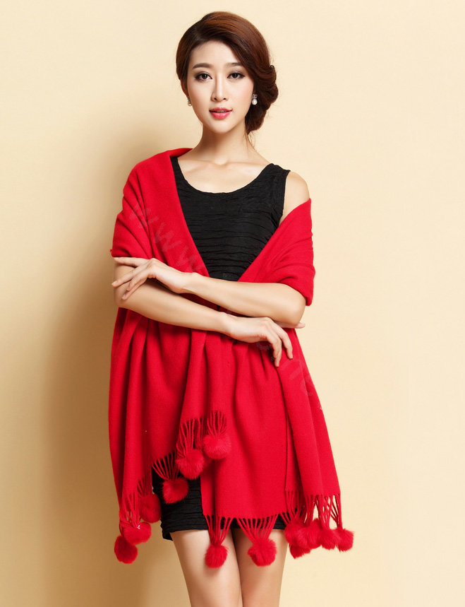 Hot selling Long Wool Shawls Rabbit Fur Ball Scarf Women Winter Thicken Bride Wedding Cape - Red