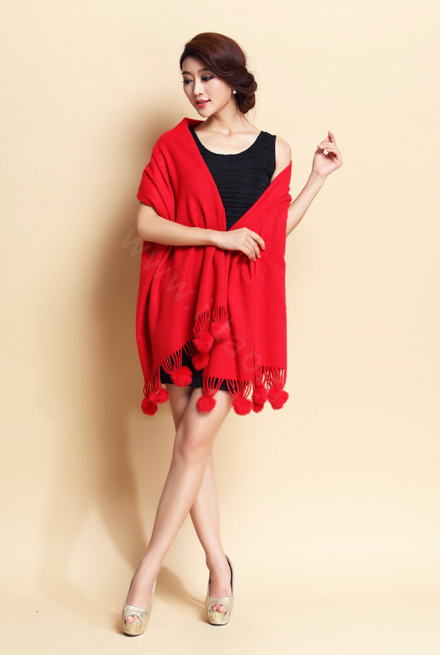 Hot selling Long Wool Shawls Rabbit Fur Ball Scarf Women Winter Thicken Bride Wedding Cape - Red