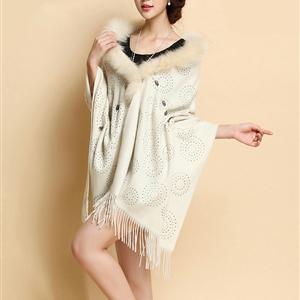 Luxury Long Wool Diamond Shawls Racoon Dog Fur Scarf Women Winter Thicken Tassels Poncho - Beige