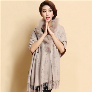 Luxury Long Wool Diamond Shawls Racoon Dog Fur Scarf Women Winter Thicken Tassels Poncho - Nude