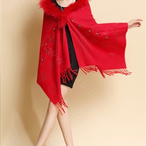 Luxury Long Wool Diamond Shawls Racoon Dog Fur Scarf Women Winter Thicken Tassels Poncho - Red
