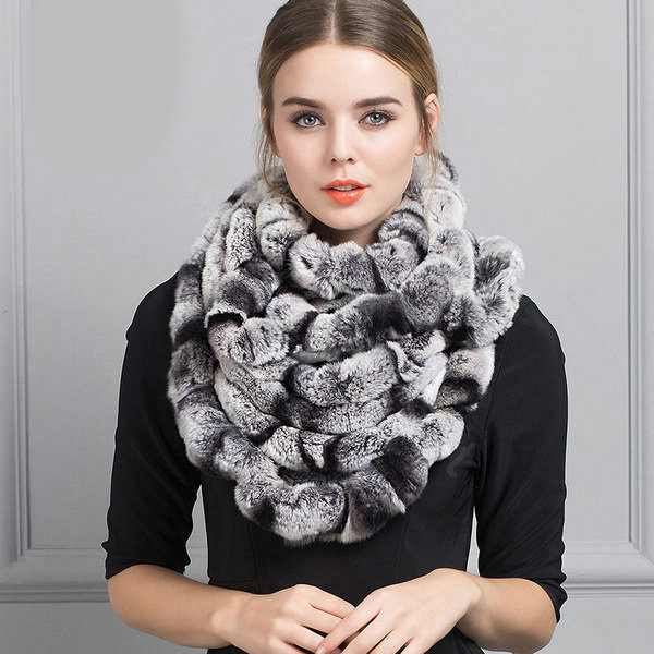 Luxury Rex Rabbit Fur Scarf Women Winter Warm Neck Wrap Knitted Fur Collar Muffler - Gray
