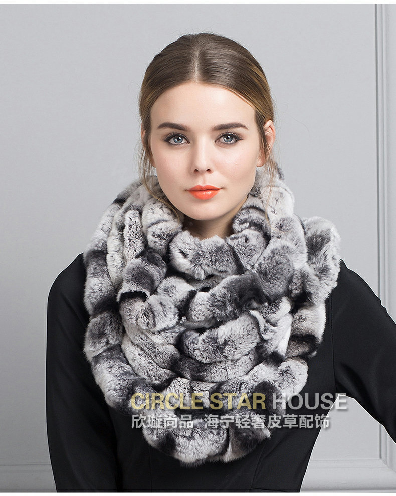 Luxury Rex Rabbit Fur Scarf Women Winter Warm Neck Wrap Knitted Fur Collar Muffler - Gray