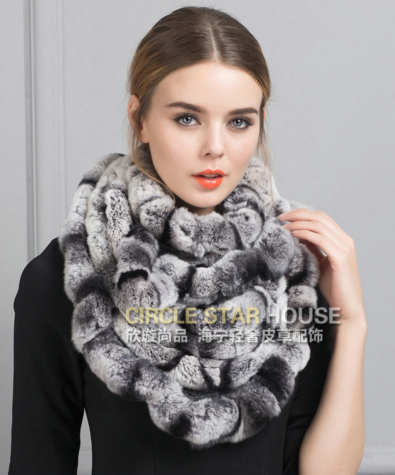 Luxury Rex Rabbit Fur Scarf Women Winter Warm Neck Wrap Knitted Fur Collar Muffler - Gray