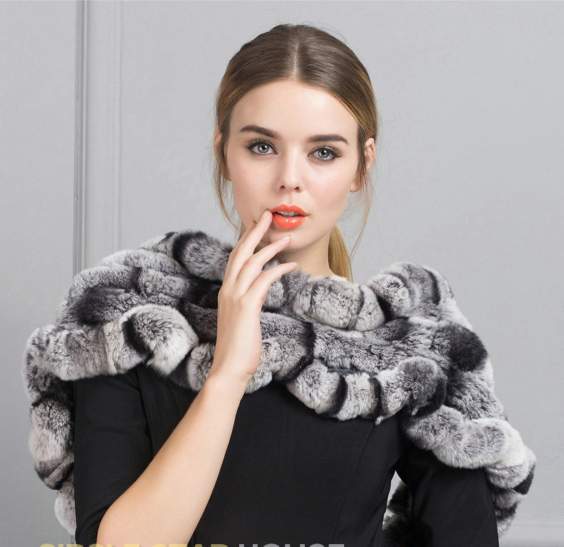 Luxury Rex Rabbit Fur Scarf Women Winter Warm Neck Wrap Knitted Fur Collar Muffler - Gray