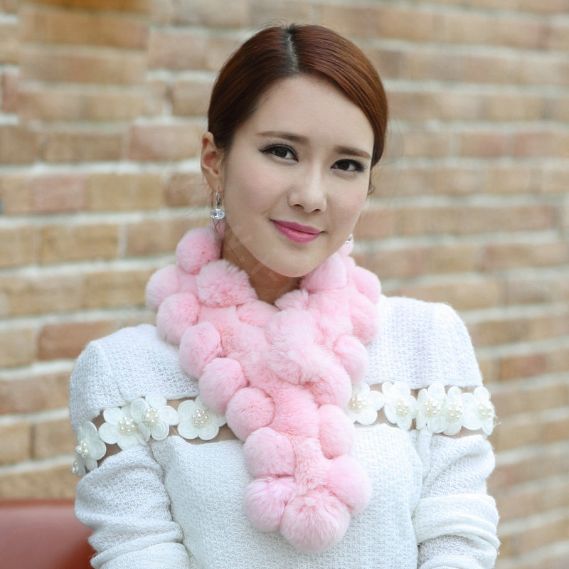 The New Rex Rabbit Fur Scarf Women Winter Neck Wrap Knitted Fur Ball Collar Muffler - Pink