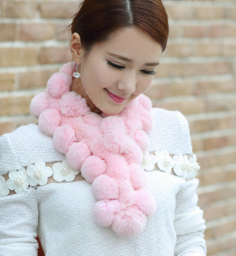 The New Rex Rabbit Fur Scarf Women Winter Neck Wrap Knitted Fur Ball Collar Muffler - Pink