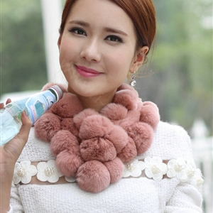 The New Rex Rabbit Fur Scarf Women Winter Neck Wrap Knitted Fur Ball Collar Muffler - Skin Red