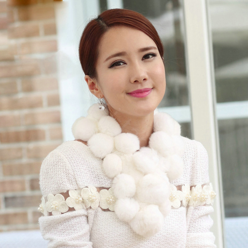 The New Rex Rabbit Fur Scarf Women Winter Neck Wrap Knitted Fur Ball Collar Muffler - White