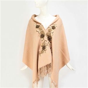 Top Grade Jacquard Flower Long Wool Shawls Scarf Women Winter Thicken Tassels Cape - Camel