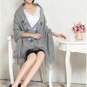 Top Grade Jacquard Flower Long Wool Shawls Scarf Women Winter Thicken Tassels Cape - Gray