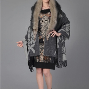 Top Grade Jacquard Peony Wool Shawls Whole Fox Fur Scarf Women Pashmina Thicken Tassels Cape - Gray