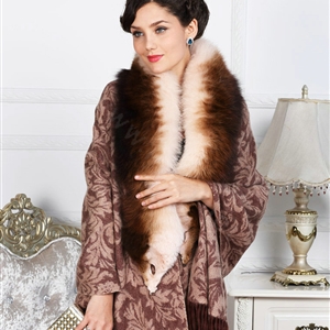 Top Grade Jacquard Weave Wool Shawls Whole Fox Fur Scarf Women Pashmina Thicken Tassels Cape - Coffee