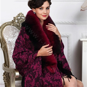 Top Grade Jacquard Weave Wool Shawls Whole Fox Fur Scarf Women Pashmina Thicken Tassels Cape - Rose