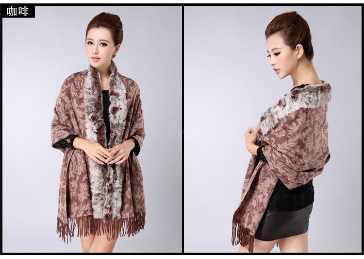 Top Grade Jacquard Weave Wool Thicken Shawls Rex Rabbit Fur Scarf Women Pashmina Cape - Coffee