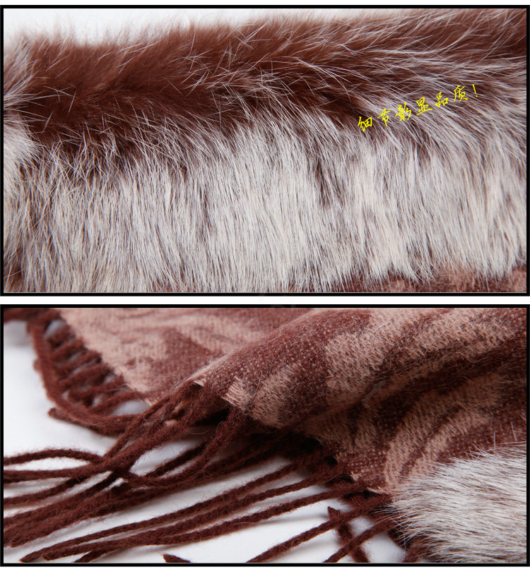 Top Grade Jacquard Weave Wool Thicken Shawls Rex Rabbit Fur Scarf Women Pashmina Cape - Coffee