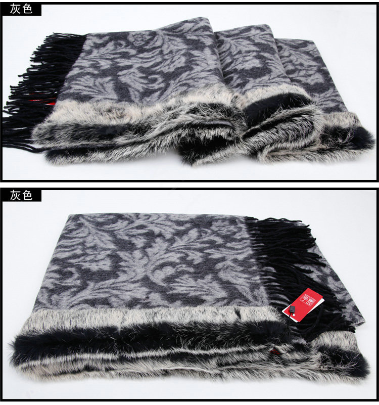 Top Grade Jacquard Weave Wool Thicken Shawls Rex Rabbit Fur Scarf Women Pashmina Cape - Gray