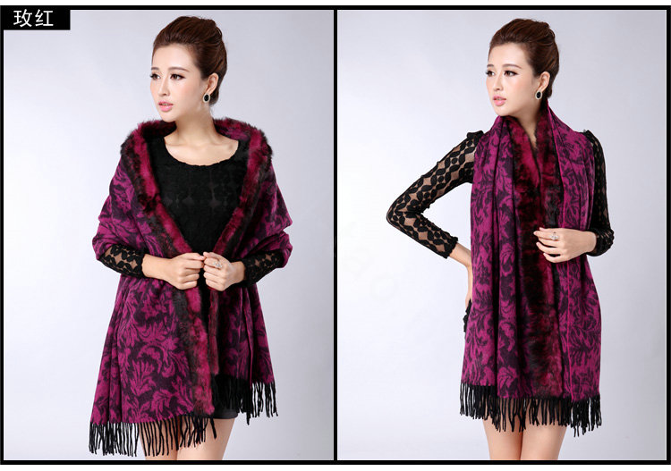 Top Grade Jacquard Weave Wool Thicken Shawls Rex Rabbit Fur Scarf Women Pashmina Cape - Rose