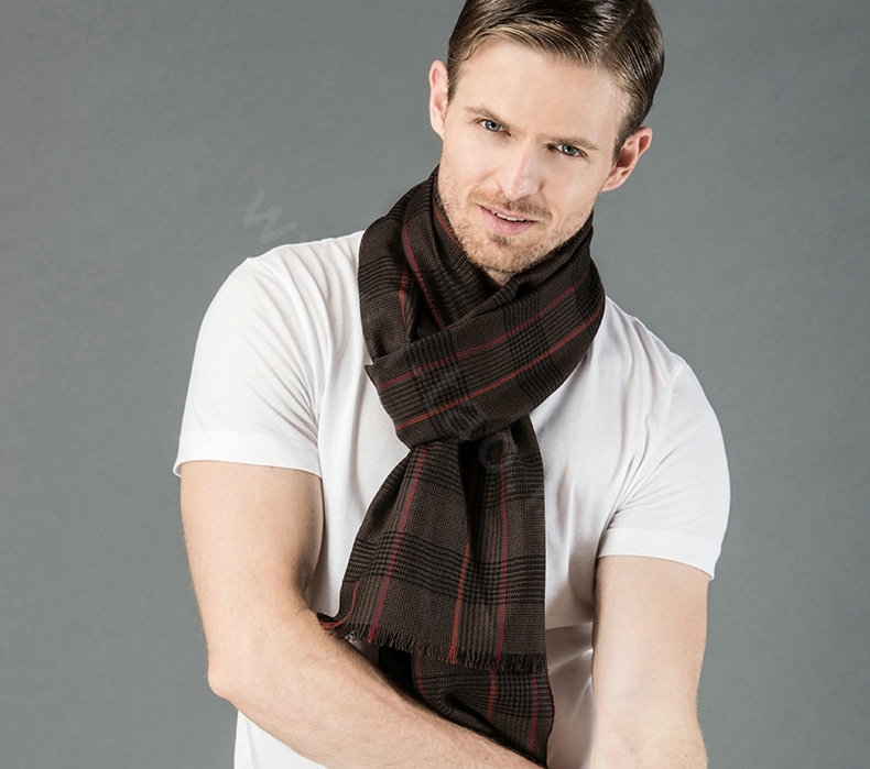 Top Grade Long Britain Lattice Wool Scarf Man Winter Thicken Cashmere Muffler - Coffee+Red