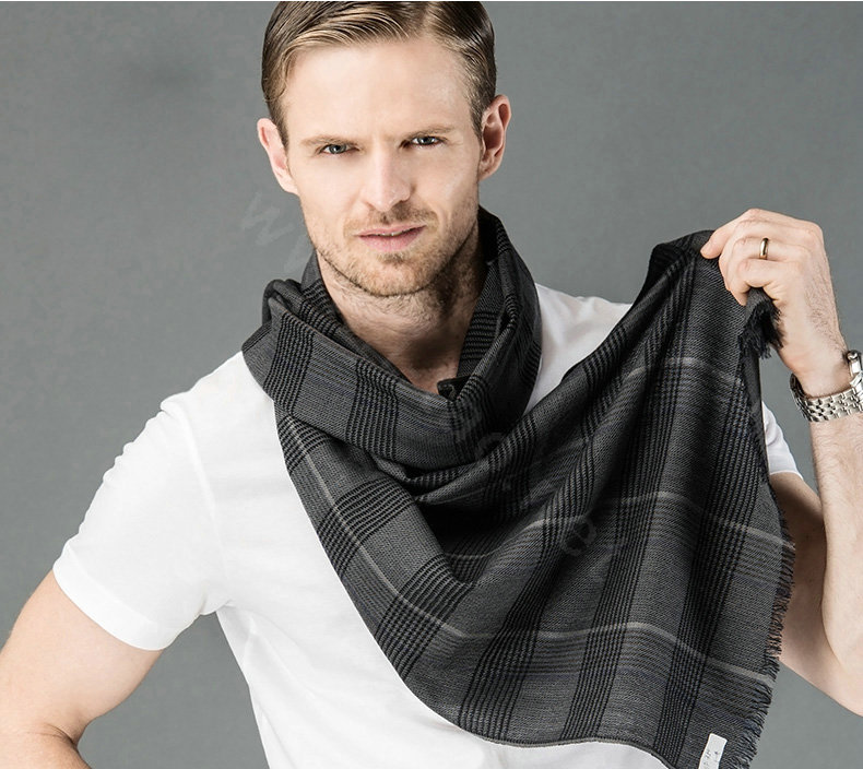 Top Grade Long Britain Lattice Wool Scarf Man Winter Thicken Cashmere Muffler - Gray+Black