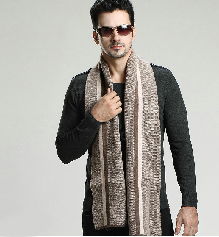 Top Grade Long Britain Stripe Wool Scarf Man Winter Thicken Cashmere Knitting Muffler - Brown