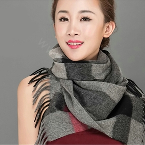 Top Grade Long Lattice Wool Scarf Women Winter Thicken Cashmere Tassels Shawls - Gray+Black