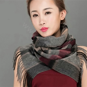 Top Grade Long Lattice Wool Scarf Women Winter Thicken Cashmere Tassels Shawls - Gray+Red
