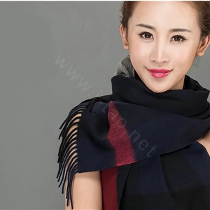 Top Grade Long Lattice Wool Scarf Women Winter Thicken Cashmere Tassels Shawls - Navy Blue