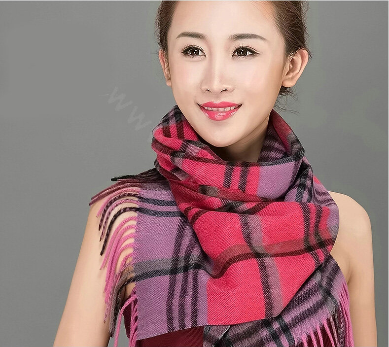Top Grade Long Lattice Wool Scarf Women Winter Thicken Cashmere Tassels Shawls - Rose+Purple