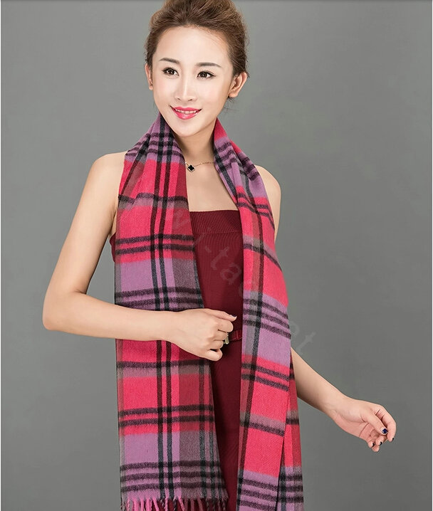 Top Grade Long Lattice Wool Scarf Women Winter Thicken Cashmere Tassels Shawls - Rose+Purple