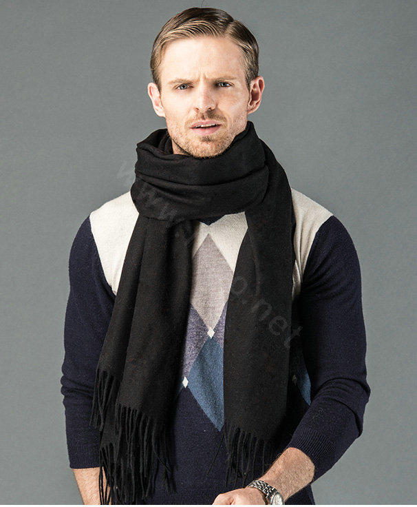 Top Grade Long Solid Color Wool Scarf Man Winter Thicken Cashmere Large Tassels Muffler - Black