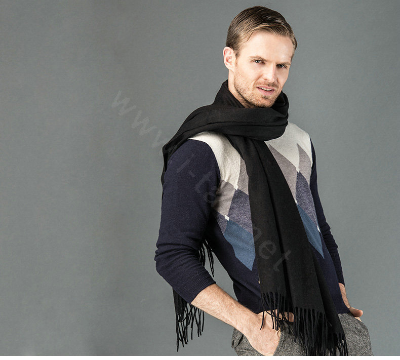 Top Grade Long Solid Color Wool Scarf Man Winter Thicken Cashmere Large Tassels Muffler - Black