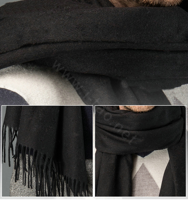 Top Grade Long Solid Color Wool Scarf Man Winter Thicken Cashmere Large Tassels Muffler - Black