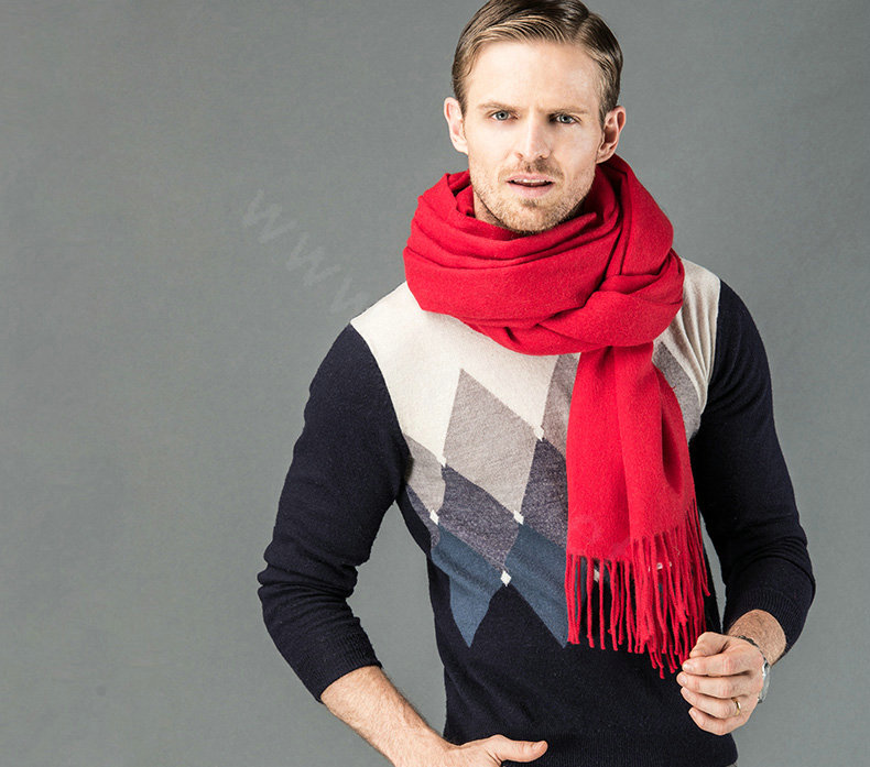 Top Grade Long Solid Color Wool Scarf Man Winter Thicken Cashmere Large Tassels Muffler - Red