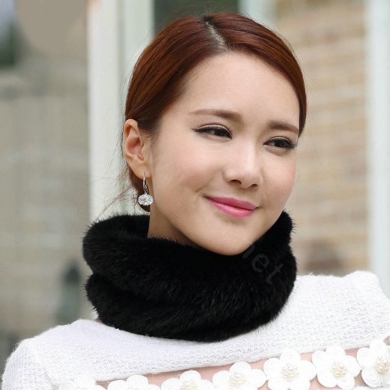 Top Grade Mink Fur Scarf Women Winter Warm Neck Wrap Knitted Fur Collar - Black